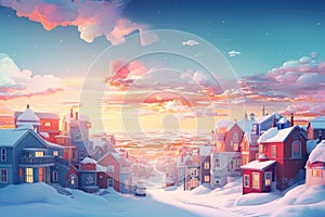 A beautiful painting of a town covered in snow. Perfect for winter-themed designs and holiday decorations