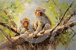 Beautiful painting of two little monkeys resting under the trees in the forest. Wildlife Animals. Illustration, Generative AI