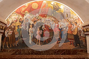 Beautiful painting on a wall in Kiyevskaya Metro station in the Dorogomilovo District, Moscow