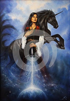 Hermoso la pintura de joven místico una mujer en ropa posesión su espada acompanado de acuerdo su negro unicornio 