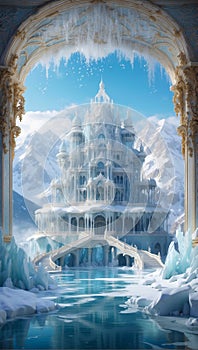 Beautiful palace made entirely of ice rises amidst the serene snowy mountain peaks