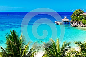 Beautiful palm tree over white sandy tropical beach. Sea and Boracay island in the background. Summer nature view