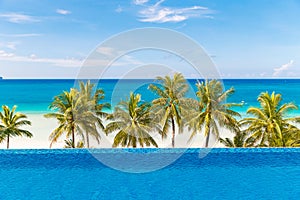 Beautiful palm tree over white sandy tropical beach. Sea and Boracay island in the background. Summer nature view from infiniti p