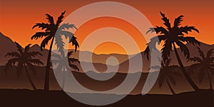 Beautiful palm tree silhouette landscape in orange colors