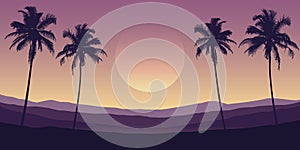 Beautiful palm tree silhouette mountain landscape in purple colors