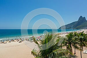 Beautiful palm trees on Ipanema beach in Rio de Janeiro with Dois Irmaos in the background