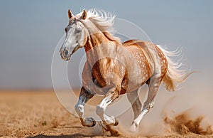 Beautiful palomino horse runs gallop on the dry soil