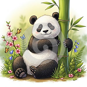 Beautiful Panda Relaxing Among Colorful Flowers in Background