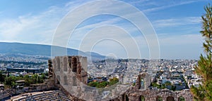 Beautiful panorama of Athens in Greece with Odeon of Herodes Atticus