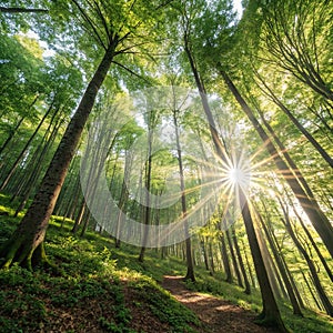 Beech Forest Panorama with Sun Rays photo