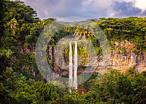 Beautiful panorama of Chamarel waterfall