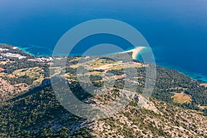 Beautiful panorama of famous Adriatic beach Zlatni Rat (Golden Cape or Golden Horn) with turquoise water , Island of Brac Croatia