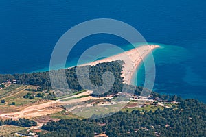 Beautiful panorama of famous Adriatic beach Zlatni Rat (Golden Cape or Golden Horn) with turquoise water , Island of Brac Croatia