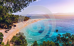 Beautiful panorama of famous Adriatic beach Zlatni Rat Golden Cape or Golden Horn with turquoise water , Island of Brac Croatia