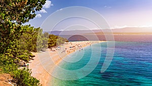 Beautiful panorama of famous Adriatic beach Zlatni Rat Golden Cape or Golden Horn with turquoise water , Island of Brac Croatia