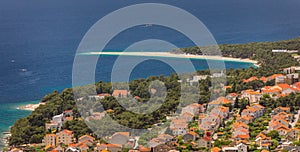 Beautiful panorama of famous Adriatic beach Zlatni Rat (Golden Cape or Golden Horn) with turquoise water , Island of Brac Croatia