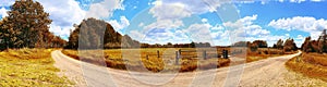 Beautiful panorama of a golden autmun landscape with trees and a blue sky