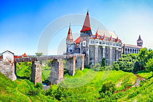 Beautiful panorama of the Hunyad Castle / Corvin`s Castle with wooden bridge
