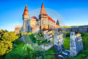 Beautiful panorama of the Hunyad Castle / Corvin`s Castle with wooden bridge