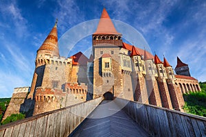 Beautiful panorama of the Hunyad Castle / Corvin`s Castle with wooden bridge