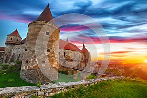 Beautiful panorama of the Hunyad Castle / Corvin`s Castle with wooden bridge
