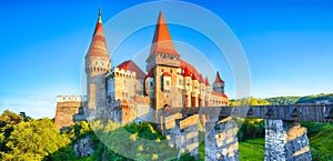 Beautiful panorama of the Hunyad Castle / Corvin`s Castle with wooden bridge