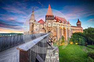 Beautiful panorama of the Hunyad Castle / Corvin`s Castle with wooden bridge