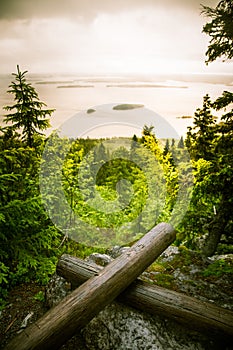 A beautiful panorama of lake and forest from Koli National park peaks