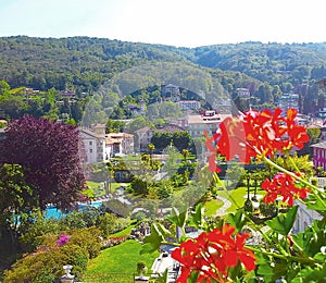 Beautiful panorama, landscape blooming roses, Piedmont, Stresa, Italy