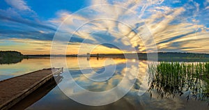 Beautiful panorama landscape with sunrise over the water lake