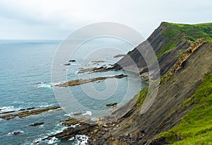 Beautiful panorama of large cliffs with green grass and Atlantic Ocean with tourquoise water