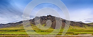 Beautiful panorama mountain range landscape with blue sky, Iceland