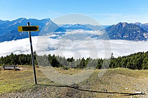 Beautiful panorama of Mountain Zugspitze above sea of clouds from top of Mount Wank