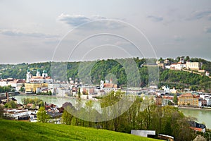 Beautiful panorama of Passau with famous St. Stephen`s cathedral and fortress `Veste Oberhaus`