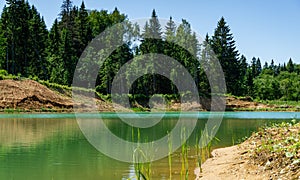 Beautiful panorama of quarry lake with emerald green water and big forest as background