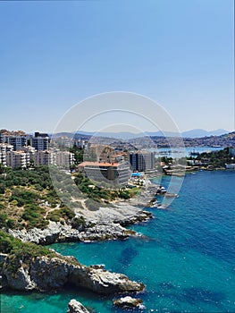 Beautiful panorama of the resort town and the Aegean Sea. Kusadasi, Turkey.