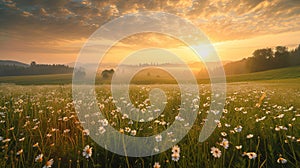 Beautiful panorama of rural landscape with sunrise and blossoming meadow