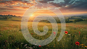 Beautiful panorama of rural landscape with sunrise and blossoming meadow