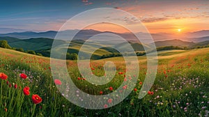 Beautiful panorama of rural landscape with sunrise and blossoming meadow