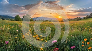 Beautiful panorama of rural landscape with sunrise and blossoming meadow