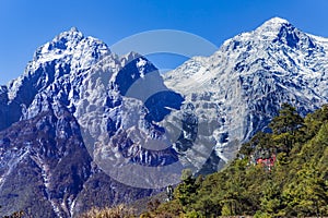 Beautiful panorama of snowcapped Jade Dragon Snow Mountains