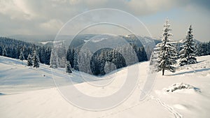 Beautiful panorama of snowy mountains landscape with snow covered forest.