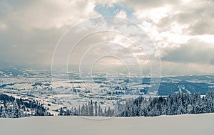 Beautiful panorama of snowy mountains landscape with snow covered forest. Christmas background with tall frozen spruce trees.