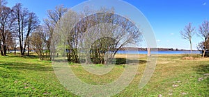 Beautiful panorama of spring landscapes with green grass and a clear blue sky