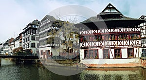 Beautiful panorama timber framing houses, Fachwerk architecture on picturesque canals of Strasbourg