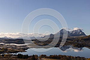 Beautiful panorama with two mountains reflecting in lake in Lofoten, Norway