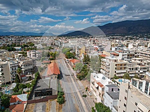Beautiful panorama view over old train station of Kalamata city, Greece. Aerial photography over Messenia, Greece, Europe