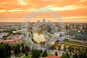 Beautiful panorama of Vilnius old town taken from the Gediminas hill. Nice sunny sunset in Lithuania`s capital