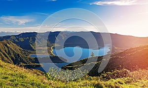 Beautiful panorama of volcanic lake on San Migel island