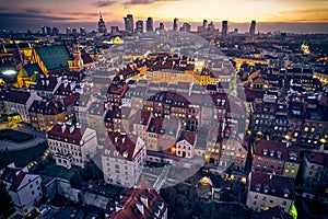 Beautiful panoramic aerial drone skyline sunset view of the Warsaw City Centre with skyscrapers of the Warsaw City and Warsaw`s